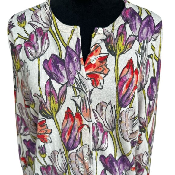 Land's End OX (14W) Multicolor Floral Long Button Cotton Cardigan - Picture 1 of 5